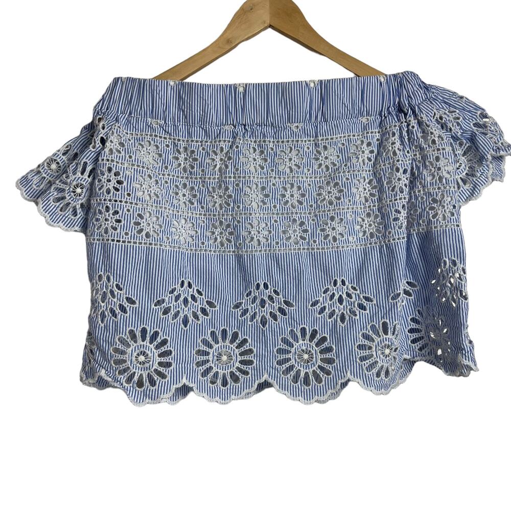 SEA New York Off-the-Shoulder Blue White Stripe Eyelet Top Size 0 - Picture 7 of 9
